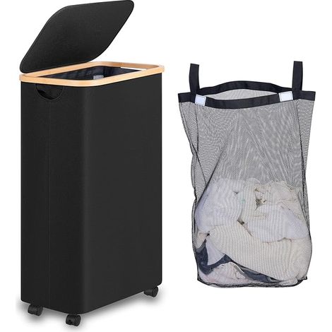 Panier à Linge 75L avec Couvercle Panier a Linge avec Roues et Poignée en Bambou Corbeille a Linge avec sac Intérieur Amovible et Lavable pour Salle de Bains de Chambre à linge (Noir) (1/5)