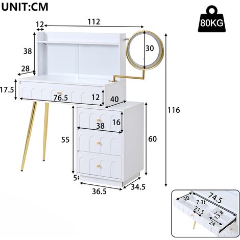 Coiffeuse blanche avec miroir LED orientable, porte coulisse en verre, table de maquillage 4 tiroirs larges, 112x40x116 cm