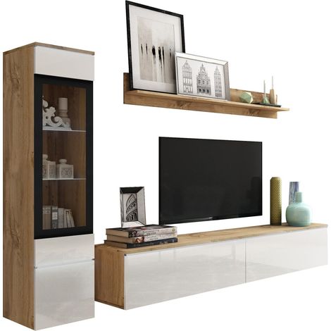 Ensemble de salon Mirfivo 100, Chêne wotan + Blanc brillant