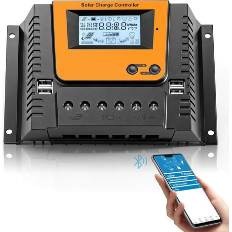 60A Contrôleur de Charge Solaire Avec Bluetooth, PWM 60A 12V 24V 36V 48V Régulateur Charge Solaire avec Capteur Température, Rétroéclairé LCD Écran, 4 ports USB, pour LI SLD FLD GEL AGM Batteri (1/5)