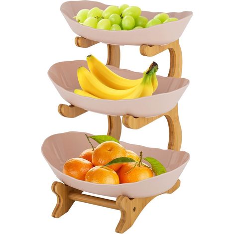 Dreifache Obstschale aus Kunststoff Beige Große Obstschale Obstkorb mit 3 Ebenen Besteckhalter Kuchenplatte Snacks (1/5)