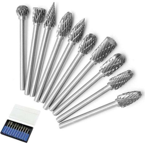Bardusch-Jeu de 10 fraises rotatives à double denture en carbure, acier massif, queue de 3 mm, forets à torsion pour outils rotatifs Dremel (1/4)