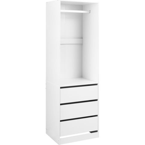 Armario moderno abierto alto y estrecho con 3 estantes 3 cajones de aglomerado con acabado de papel dormitorio entrada blanco Hamilton (1/5)