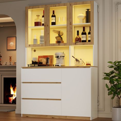 Buffet haut avec vitrine LED 120 x 200 cm blanc et chêne, tablette centrale et 3 tiroirs (1/5)