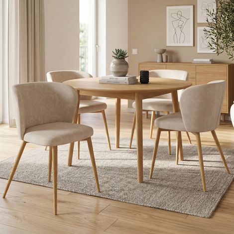 Juego de 4 sillas PAULIE de tela de chenilla beige y patas con acabado de madera para el comedor (1/5)