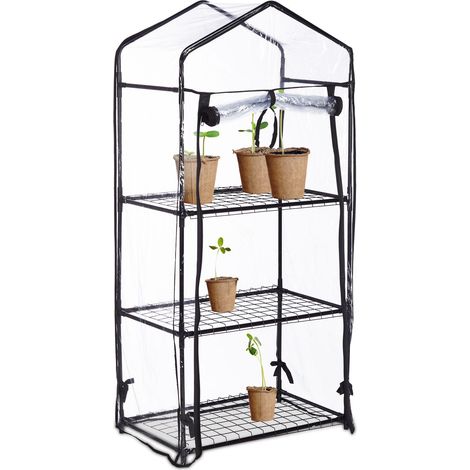 Relaxdays Greenhouse For Balcony, PVC Film, Steel, HxWxD: 126 x 59 x 37 cm, Mini Propagator 3 Levels, Black/Transparent (1/5)