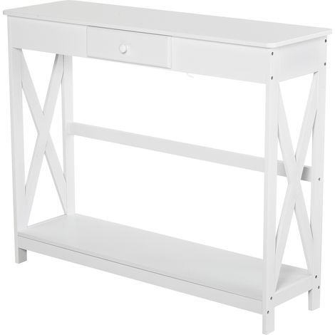 Konsolentisch/Eingangstisch mit 1 Schublade + 1 Ablage, Maße: 100 x 30 x 81 cm (L x B x H), Weißes Holz
