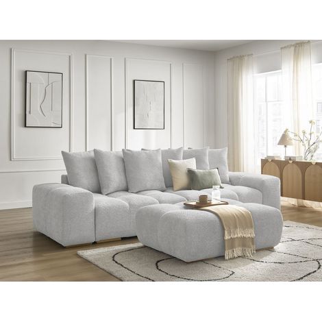 BOBOCHIC - Canapé droit fixe 3 places ANAKIN tissu bouclette avec pouf   Gris clair (1/5)