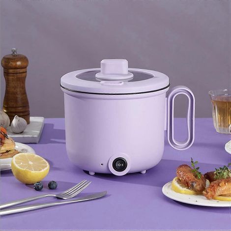 Cuiseur à nouilles électrique rapide 1,5 l avec poignée anti-brûlure et couvercle transparent, idéal pour steak, œufs, riz frit, ramen, porridge, soupe, etc. Couleur : violet, simple couche. (1/4)
