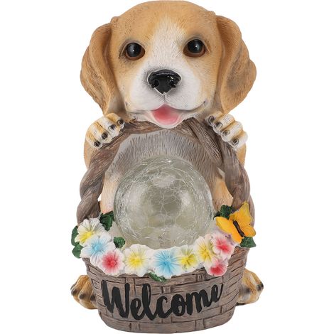 Ortviai Statue Chien Solaire avec Panier Floral en Résine – Lampe LED Chaude pour Jardin, Cour ou Pelouse