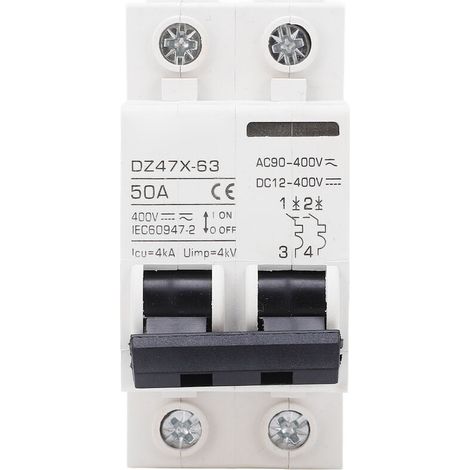 50A 400V AC/DC Circuit Breakers, 2P 4kA Electromagnetic Trip Circuit Breaker with Breaking Capacity for Solar Panel PV Systems, 35mm DIN Rail Mounting, Bipolar Circuit Breaker (1/4)