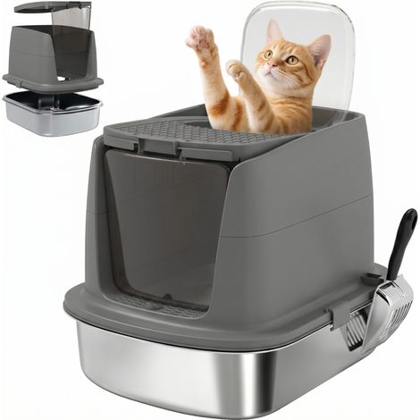 Litière Chat Acier Inoxydable Fermée, Grand Format, avec Pelle Métal et Sachet Désodorisant, Gris Foncé (1/5)