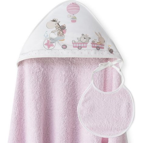 Telo bagno 100x100 Asciugamano rosa giraffa con cappuccio + bavaglino in spugna di cotone (1/3)
