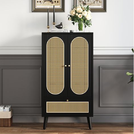 MEUBLIV Buffet haut 60 x 40 x 110,5 cm noir – 2 portes, 1 tiroir, design rotin (1/5)