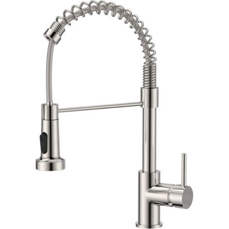 Robinet de cuisine à ressort chromé avec douchette extractible et rotation en acier inoxydable pour eau chaude et froide (1/4)
