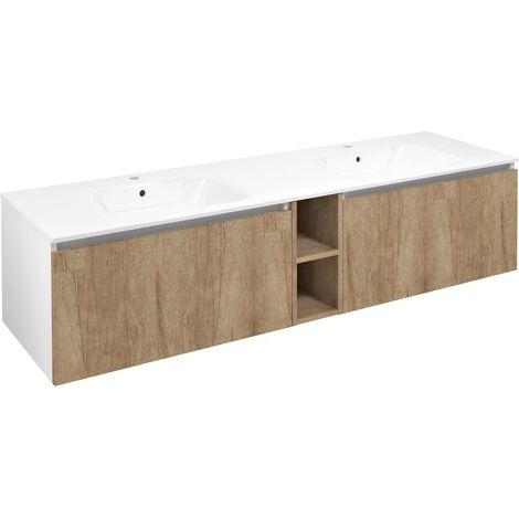 Meuble vasque LOREA 160x46x51,5cm (70+20+70cm), chêne alabama/blanc mat (1/4)