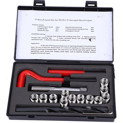 Kit de réparation de filetage, 17 pièces, clé torsadée en acier inoxydable, insertion filetée M12x1,25