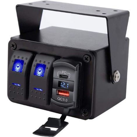 Boîte de commutation à bascule 2 gangs avec voltmètre PD Type C QC3.0 Port USB étanche DC 12 à 24 V pour voiture camion bateau RV remorque UTV ATV lumière bleue