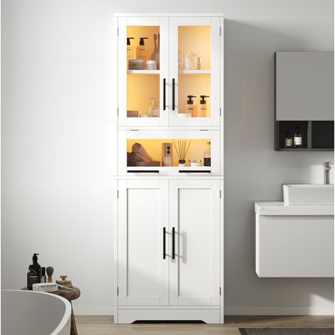 Colonne de salle de bain sur pieds MDF blanc 60 cm avec portes en verre, LED réglable par application et rangements (1/5)