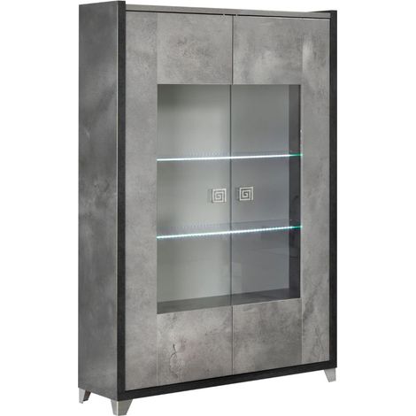 Vitrine 2 portes aspect béton ciré 2 tons avec Led - HAMPTON (1/4)