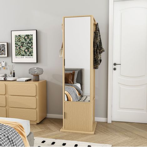Armadio con specchio rotante 360掳 50x50x170 cm con porta gioielli, ripiani e ganci, MDF - naturale (1/5)