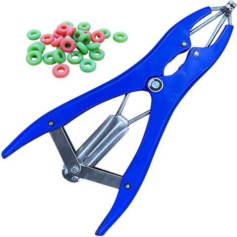 Anillos de castración, herramienta para colocar anillos de castración, abrazadera elástica de plástico y acero inoxidable con 100 anillos de goma para cerdos, bovinos, ovinos y vacas. (1/5)