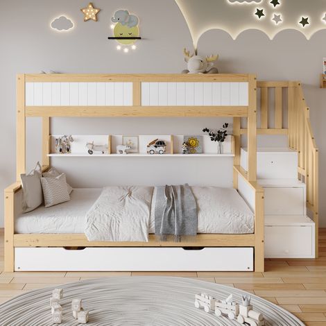 Letto a castello 252x128,5x148 cm bianco naturale in legno e MDF con letto estraibile (1/5)