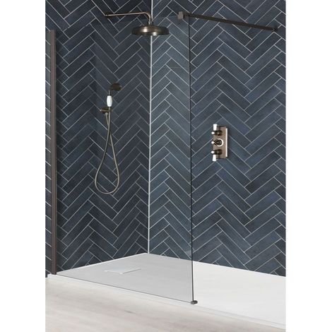 Milano Rosso Matte Bronze Recessed Walk In Wet Room Shower Enclosure with Screen  Support Arm and White Slate Effect Tray - 1100mm x 700mm