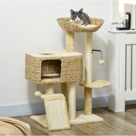 Katzenbaum 60x40x98 cm aus Holz, beige, Sisal-Kratzstämme, platzsparend – MEUBLIV (1/5)