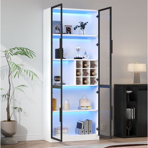 Vetrina 80x35x200 cm bianca in truciolare con vetro e LED, 5 ripiani, portabottiglie e ante in vetro (1/5)