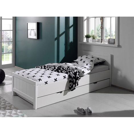 Pack - Lit Enfant, Sommier & Tiroir "Erik" 90x200cm Blanc (1/4)