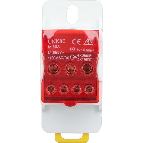 Boîte de distribution à bornes sur rail DIN 690 V 80 A, avec bornes en laiton pour conducteurs épissables, pour appareils électroménagers (rouge). (1/5)
