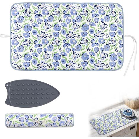 Tapis de Repassage sur Table avec Couche Anti-Vapeur Inclut Un Coussin de Fer à Repasser en Silicone pour Tables, Lits et Suspension, Antidérapant, 70x40cm, Bleu (1/5)