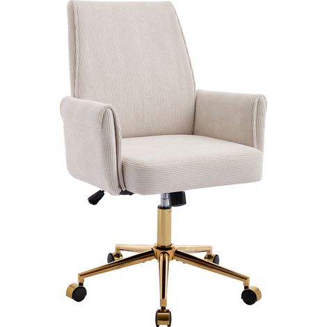 Fauteuil de bureau ergonomique à dossier moyen avec base métallique dorée et revêtement en tissu rayé (1/5)