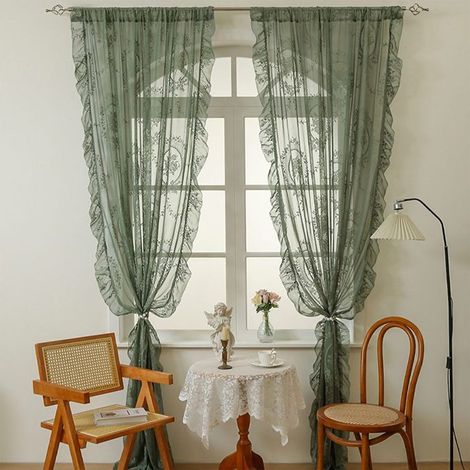 Tende in pizzo verde oliva, tende vintage ricamate con volant floreali (2 pezzi) - 140 cm x 100 cm (1/5)