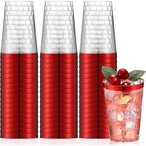Tasses à Vin en Plastique à Bord Rouge, Verres de Fête pour Champagne Bière Cocktail Martini Soda (10,5 x 7,5cm) (1/5)