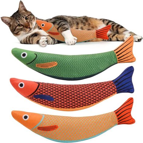 Jouet pour chat en forme de poisson - 236 x 66 cm - Orange, rouge, vert - Coussin pour chat - Jeu interactif (1/5)