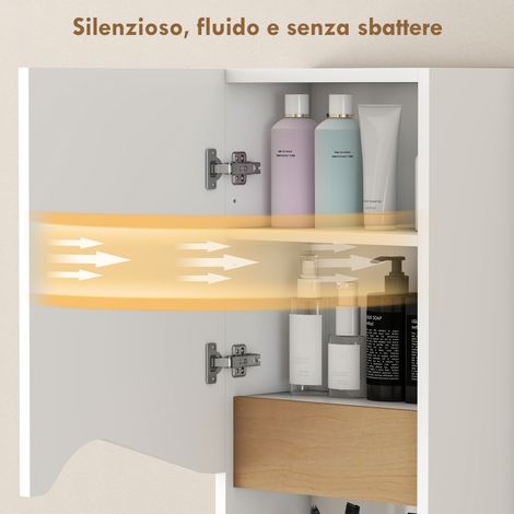 Étagère murale blanche et bois naturel pour salle de bain, 30x17x67 cm, avec armoire à porte et rangement ouvert, étagère intérieure réglable. (1/5)