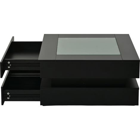 Table basse carrée noire 70x70x35 cm avec plateau en verre trempé, 3 tiroirs et éclairage LED contrôlable par application (1/5)