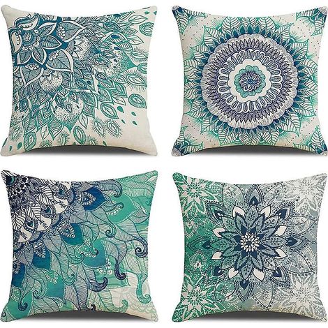 taie D'oreiller, Lot De 4 En Coton  45 X 45 Cm Et Lin Imprim Indien Hippie Bohmien Bleu Mandala Fleur Housse De Coussin Carr Pour Lit Voiture De L (1/5)