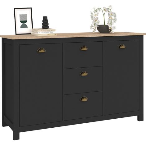 Idmarket – Buffet 130 cm 2 portes et 3 tiroirs – Structure en panneaux de particules – Coloris bois et noir – Profondeur 34 cm (1/5)