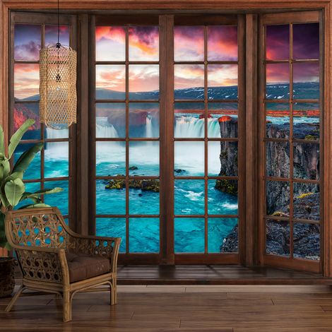Papier peint panoramique Trompe l'oeil Fenêtre en bois - Cascades - 195 cm x 156 cm (1/5)