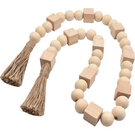 Guirlande de perles en bois décorative (2 pièces) style bohème, idéale pour les fêtes et la décoration murale, avec pompon élégant. (1/5)