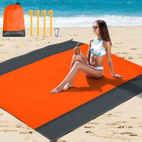 Tapis de plage XXL anti-sable 210x200 cm orange, pliable pour extérieur et loisirs. (1/5)