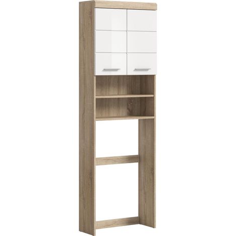 Lambada Waschmaschinenschrank 2 Türen, 2 Schubladen, 3 Regale Weiß hochglanz, Eiche Dekor.