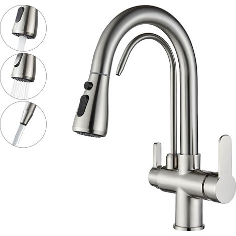 Robinet de cuisine nickel brossé haute pression avec douchette extractible,pivotant 360°,eau pure 3 voies (1/5)