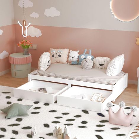 Kinderbett Massivholzbett 90 x 200 avec 2 Schubladen und Lattenrost Modernes Einzelbett aus Holz mit Bettkasten White (1/5)