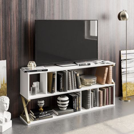 Decorotika Termas 140 Cm Meuble TV Meuble TV TV Console TV Cabinet With Open Shelves - Blanc And Doré(e) (1/4)