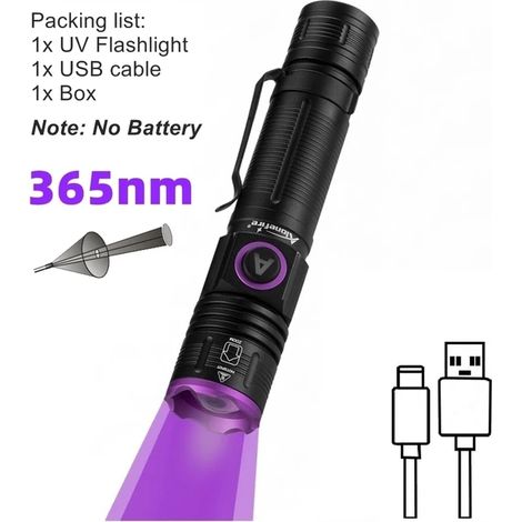 Torcia UV zoom ricaricabile tramite USB da 365 nm per il rilevamento di minerali e denaro. (1/5)