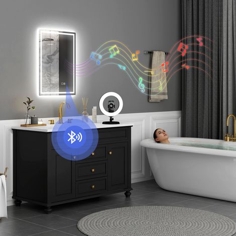 Fog-Free Smart Bathroom Mirror with Bluetooth Speaker, Digital Clock, LED Lights, and Shatter-Resistant Glass - IP44 Rated